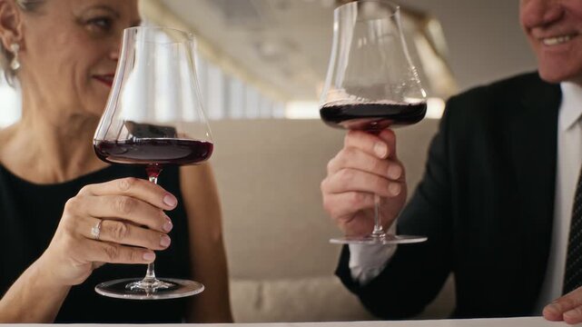 Senior Caucasian couple holding glasses of red wine, toasting during luxury dinner at restaurant. Clip suitable for anniversary celebration campaigns and fine dining promotions