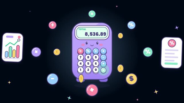 Cute Calculator Character with Financial Report and Money Coins Motion Graphic