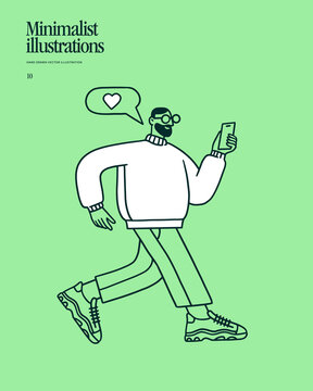 Man walking while checking a smartphone with a heart health notification, monitoring pulse and cardiac wellness. Minimal line illustration for healthcare apps, cardiology, websites.