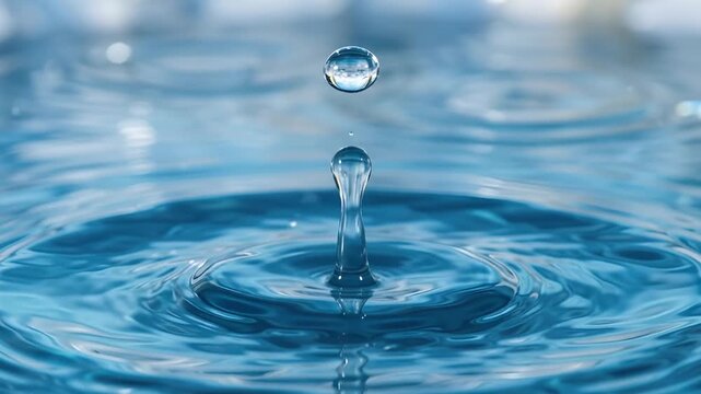Macro Water Droplets Falling and Creating Ripples on Blue Surface