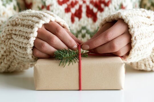 Hands tying red string around a gift box with a sprig of evergreen at Christmas. Christmas Jumper Day