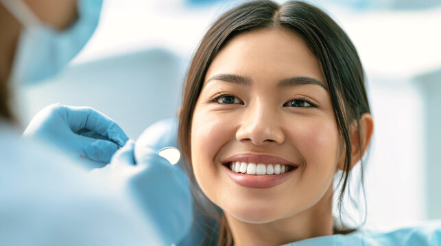 A woman sits in a dentist's chair with a wide smile while the dentist examines her teeth using a dental mirror in a bright dental office