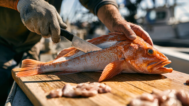 A person is cleaning a large orange rockfish with a knife on a wooden cutting board aboard a boat. Entrails lie on the board as the fisherman focuses