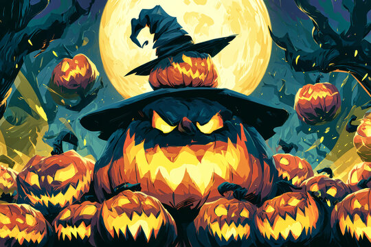 Pumpkins glow under the full moon at night. A large pumpkin wears a witch hat. Surrounding pumpkins light up the dark forest