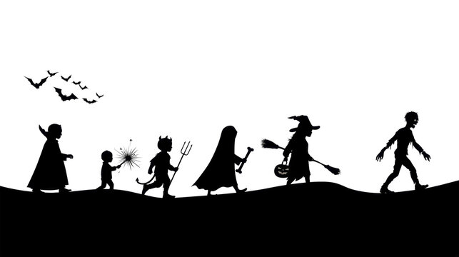 A group of people dressed in Halloween costumes walk in a line. They have various outfits like a witch, zombie, and devil. This scene is during Halloween night