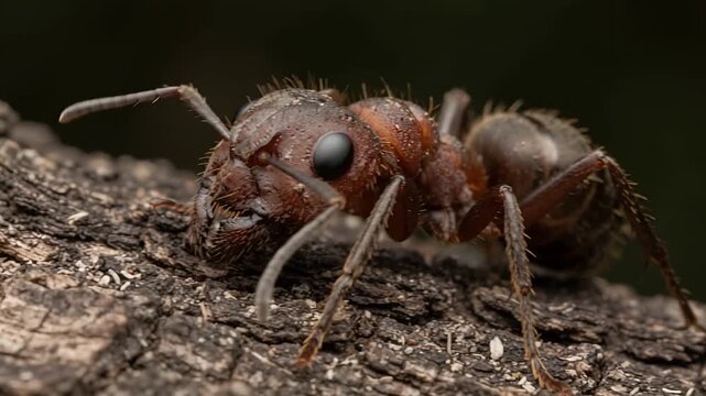 Extreme Macro of Red Ant Crawling on Rough Tree Bark in Nature