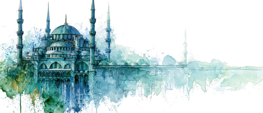 This artwork features a mosque with multiple minarets situated in a vibrant cityscape. The drawing highlights various colors and artistic details