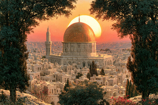 A mosque stands in a historic city as the sun sets behind its dome. Buildings surround the mosque, while trees frame the view in the foreground