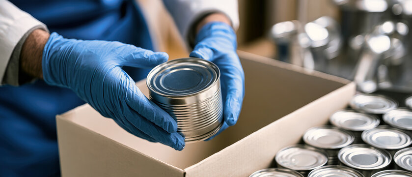 A worker in a food processing plant places a sealed tin can into a clean cardboard box. Blue gloves and apron are visible while packing cans in a