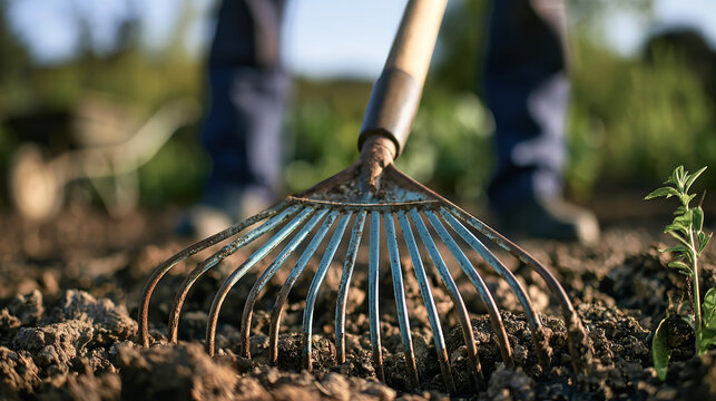 A person uses a rake to tend to soil in a garden. The sun shines above and plants grow in the background. The activity is focused on planting