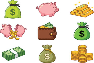 Cute finance and money saving cartoon vector illustration set. Kawaii piggy bank, dollar cash bag, golden bars, leather wallet, stacked gold coins. © Rafikul