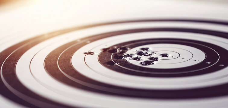 Paper target bearing clustered bullet holes near the center, symbolizing accuracy, focused effort, strategic thinking, and achievement