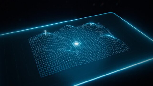 Holographic renewable energy landscape with wind turbines, solar panels and smart city on a glass hologram table, futuristic sustainability concept