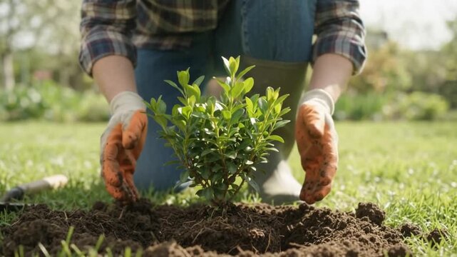 Hands planting small green sapling in garden soil with gardening gloves