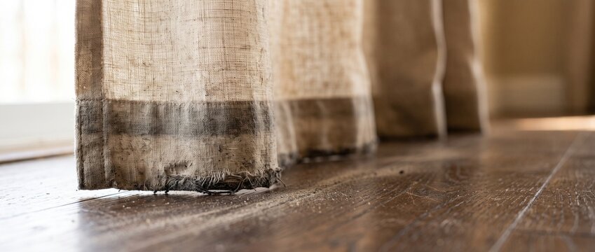 Curtain hem dusty and dragging shot at eye level revealing grey dust band soaked into the hem, a documentary style detail of curtains cut a little too long representing a hem collecting dust every day