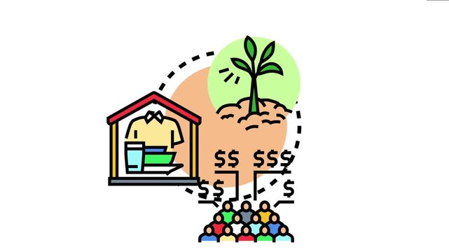 Prosperity and opportunity concept showing a growing plant, basic human needs in a house, individuals, and financial income symbolizing economic success and development