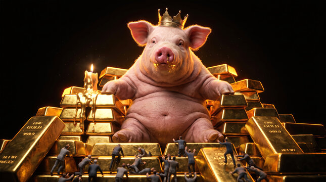 Crowned Pig Sitting on Gold Bars Stack with Miniature People Concept