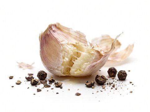 Crushed Garlic Clove with Peppercorns Isolated on White