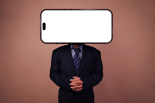 Businessman Standing with Clasped Hands and Smartphone Blank Screen Instead Head