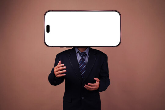 Businessman Gesturing Open Hands and Blank Smartphone Screen Replacing Head Art on Brown Background