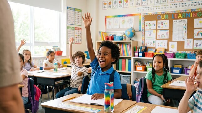 Happy elementary school boy with wide smile raising hand in a diverse classroom, eager to participate in lesson