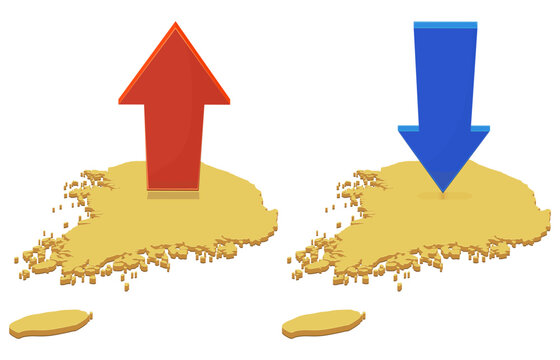 3D illustration of South Korea economic growth vs recession and market trends with red up arrow and blue down arrow on golden national state maps (cut out)