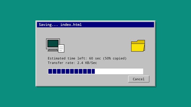 Retro 90s File Saving Animation, Document Flying from Computer to Folder with Progress Bar and Transfer Rate on Teal Desktop