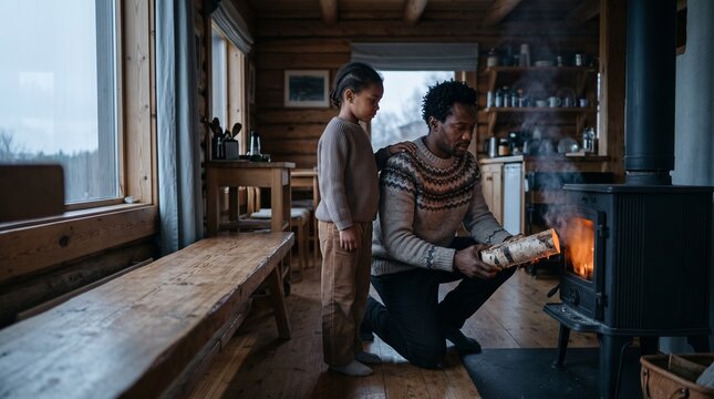 African American father and child putting firewood into a burning wood stove inside a cozy rustic wooden log cabin during a cold winter getaway