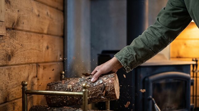 Person stacking dry firewood logs onto a brass holder next to a black cast iron stove in a cozy rustic wooden cabin