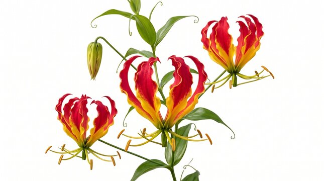 Gloriosa superba flame lily with fiery red and yellow petals, exotic tropical climbing lily, botanical floral specimen for nature decor isolated PNG with Transparent Background
