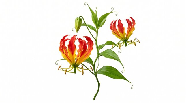 Flame lily gloriosa superba with wavy red and orange petals, exotic tropical fire lily branch, botanical floral element for summer wedding isolated PNG with Transparent Background