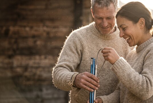 Happy mature man and woman wearing warm wool sweaters assembling an avalanche probe together in warm sunlight
