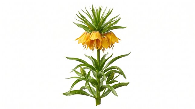Vibrant yellow crown imperial flower, fritillaria imperialis botanical specimen, spring garden lily with bell shaped petals and green leaves isolated PNG with Transparent Background