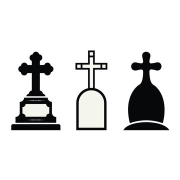 Gravestones with crosses set of minimalist black and white cemetery icons.