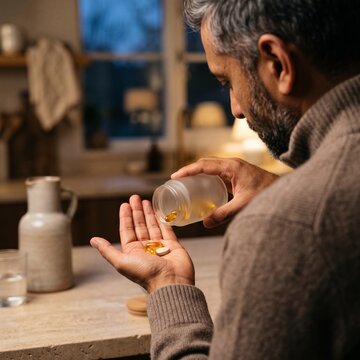 Mature man pouring vitamin supplements and omega three capsules from a frosted bottle into his palm while standing in a cozy kitchen at evening