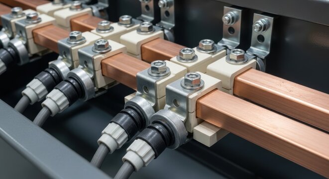Electrical busbars conducting current with cable connectors in industrial panel system