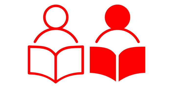 simplified figures reading books on a white background, one white and one red, isolated icons representing education and knowledge