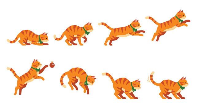 Ginger tabby cat jumping and playing with ornament across white frame