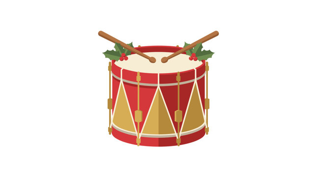 Festive marching snare drum standing with drumsticks on white background