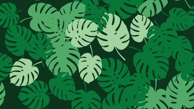 Mint and emerald tropical monstera leaf pattern drifting slowly on a dark green background in a seamless loop