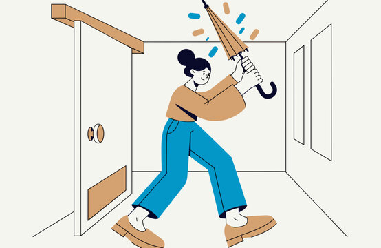 Woman drying and closing wet umbrella after returning home from rainy walk, shaking off water in hallway and protecting interior from moisture
