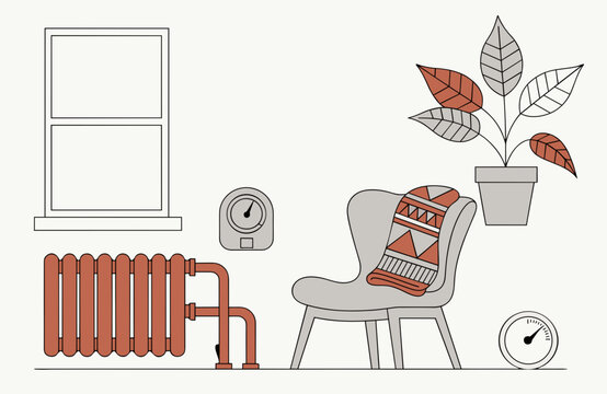 Heating season concept with radiator, thermostat, room temperature gauge, cozy chair, blanket and houseplant illustrating home warmth and climate control