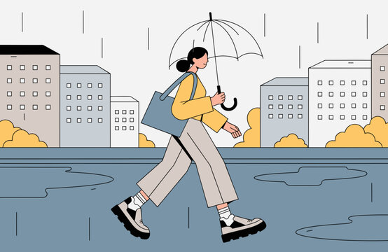 Woman walking with umbrella in rainy city, carrying shoulder bag through wet urban street with puddles during autumn weather and daily commute