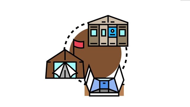 Protective shelters , presenting emergency housing, refugee camps, and humanitarian aid accommodations, symbolizing safety, help, and temporary living solutions for people in need