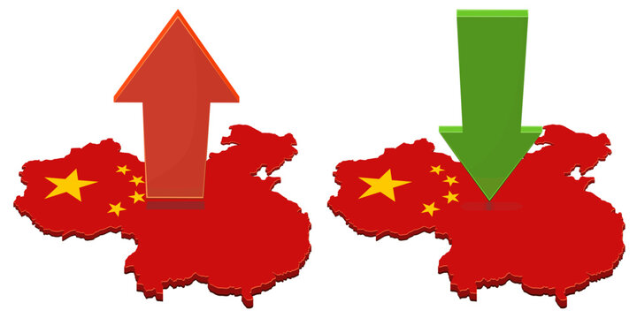 3D illustration of China economic growth vs recession, financial recovery, and market trends with up and down arrows on national flag state maps (cut out)