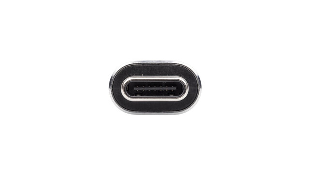USB C connector plug close up, modern type C male cable head, black plastic hardware accessory for charging and data transfer isolated PNG with Transparent Background