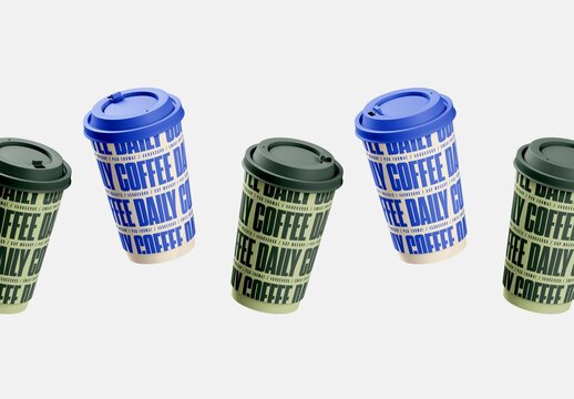 Floating Tilted Coffee Cups Row Mockup For Branding And Merchandise Design