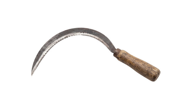 Vintage sickle tool with wooden handle, traditional agricultural harvesting blade, rusty metal hand scythe for farming isolated PNG with Transparent Background