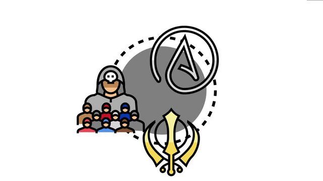 Illustration depicting various belief systems and spiritual concepts. Showing symbols like the a for atheism. A group of people. And the khanda symbol for sikhism