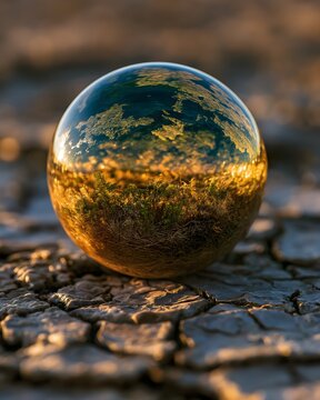 a perfect glass sphere enclosing a tiny thriving ecosystem, resting on cracked desert soil
